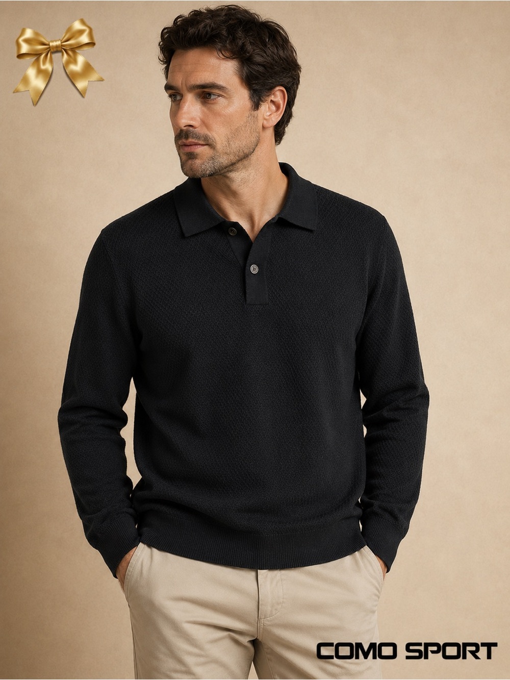 Como Sport Italian Merino Wool Polo Sweater Black Large